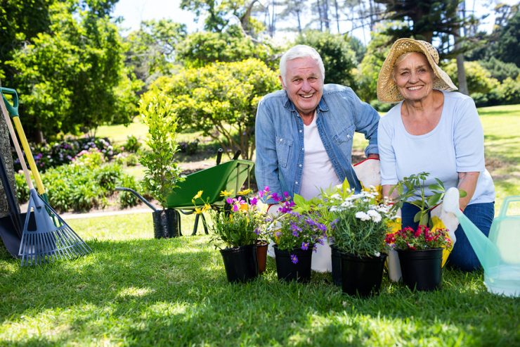 Portrait of happy senior couple gardening in the park on a sunny