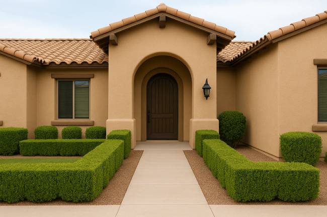 Southwestern Home with Winter Gem Boxwoods Boxwood landscaping ideas