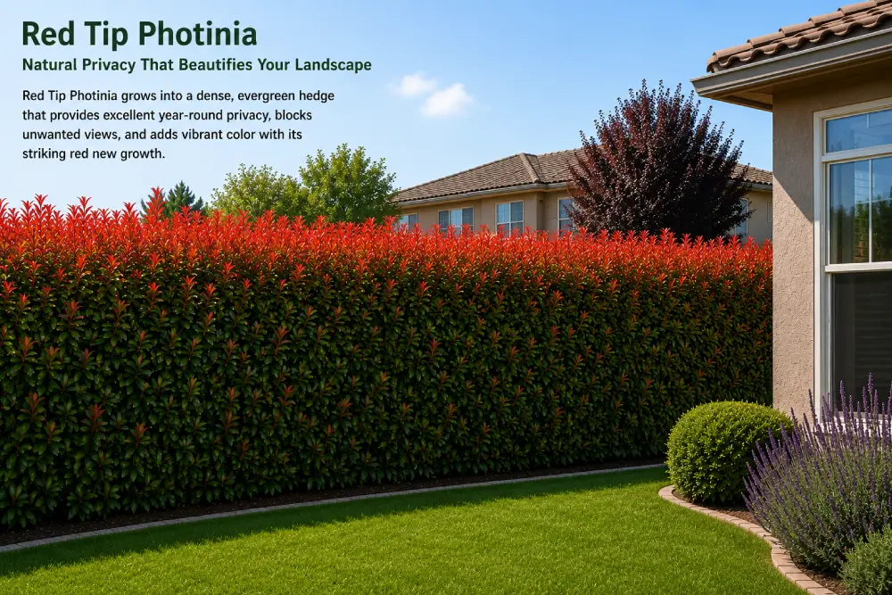 A Hedge of Red tip Photinia Plants Red TIp Photinia Plants blocking Neighbor's View