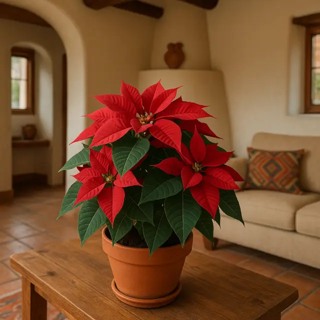 Poinsettia plant sitting on a table Poinsettia Plant Care