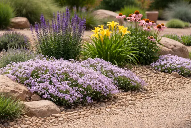Creeping Phlox Purple Salvia Daylily and Coneflower Creeping Phlox landscape care