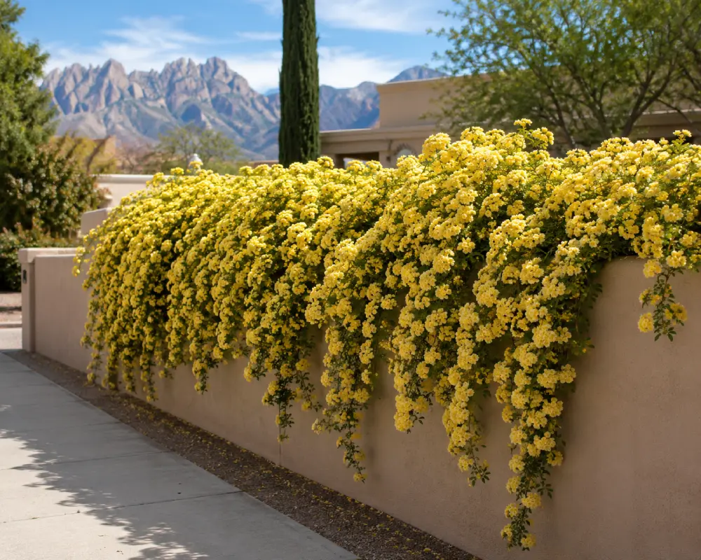 Yellow Lady Banks rose overflowing on the fence Yellow Lady Banks rose overflowing on the fence