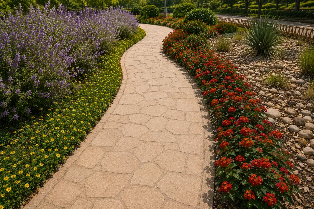 Texas sage, Damanita, and Dallas red Lantana Pathway with Sage, damanita, and Dallas red Lantana on the right side.