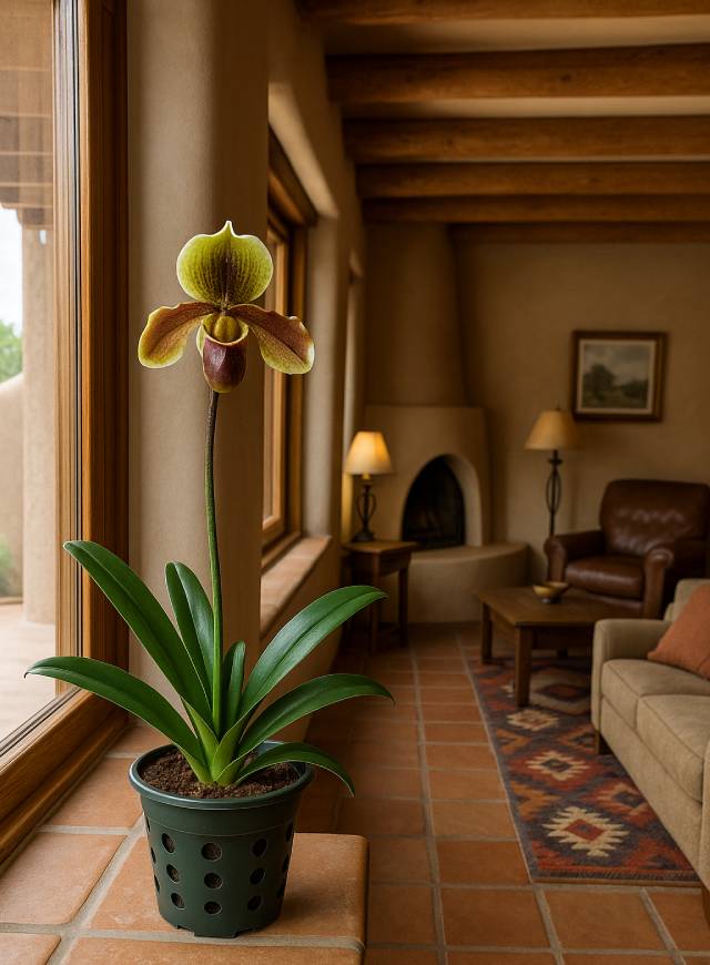 Paphiopedilum Orchid indoors Paphiopedilum Orchid indoors