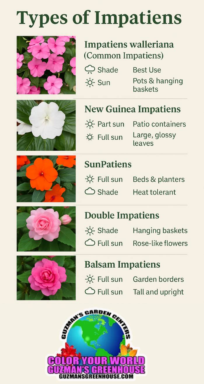 types of impatiens infographic Guzmans Garden Centers