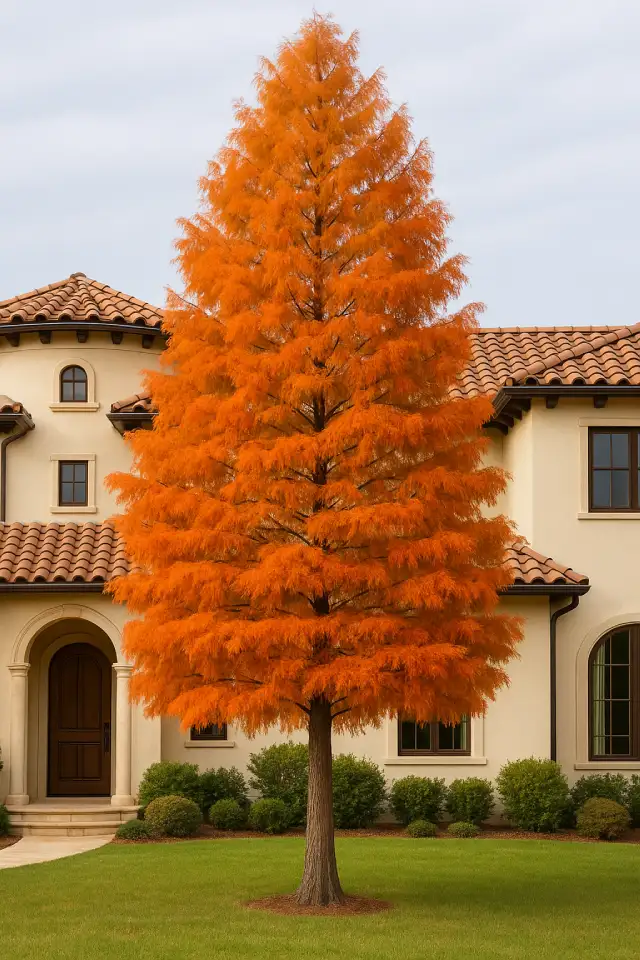 Bald Cypress with its fall color Bald Cypress Tree in front of Mediterranean style home