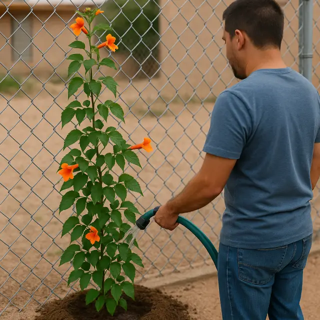 Man Watering Trumpet vines Care of Trumpet Vines