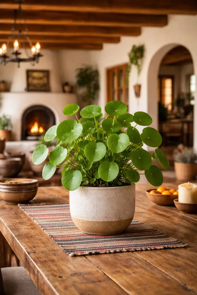 Chinese Money Plant sitting on a table Indoor Houseplant Names