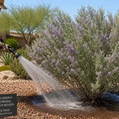 Man wearing a hat waters a large Texas sage shrub with a hose; a sign nearby reads, 'Water deeply for strong, healthy roots.'