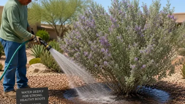 Man wearing a hat waters a large Texas sage shrub with a hose; a sign nearby reads, 'Water deeply for strong, healthy roots.'