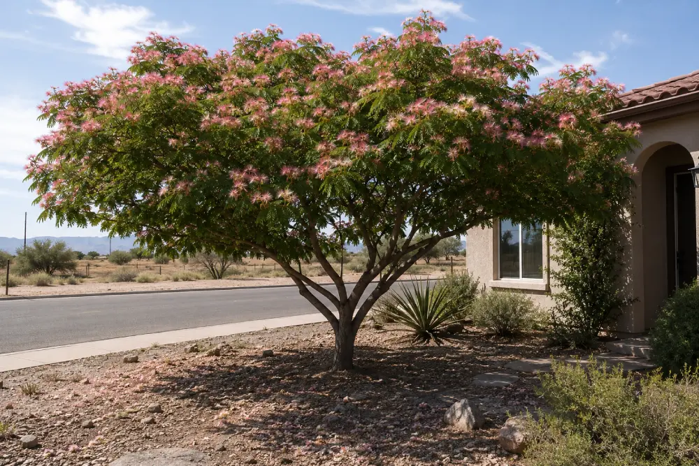 Mimosa Tree front yard southwest landscape Mimosa Tree front yard southwest landscape