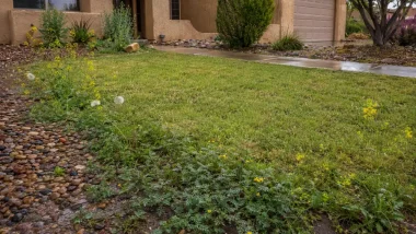 Desert-style front yard with a green lawn, pebble border, and yellow flowers in the foreground, beige stucco house in the background.