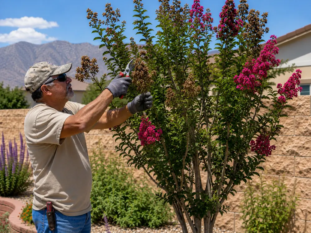 Man Pruning Crape Myrtle Why are my plants leaves turning brown