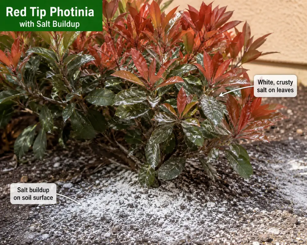 Salt Build up on Red Tip Photinia Salt build up on Red Tip Photinia