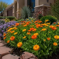 Front yard flower bed with bright orange and yellow daisy-like blossoms, bordered by bricks and a sidewalk beside a beige house.