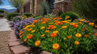 Front yard flower bed with bright orange and yellow daisy-like blossoms, bordered by bricks and a sidewalk beside a beige house.