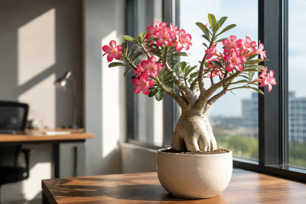 Desert rose blooming in office setting. 7 indoor plants that need bright light to bloom