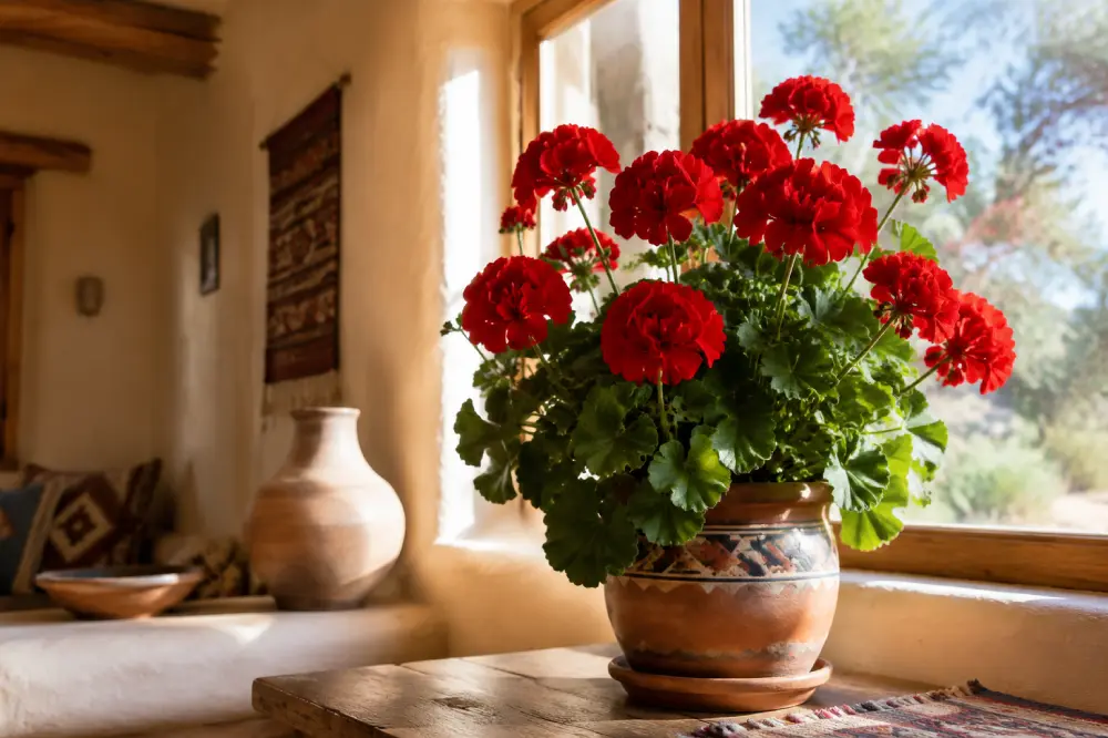Red Geranium blooming indoors Indoor Plants That Need Bright Light to Bloom