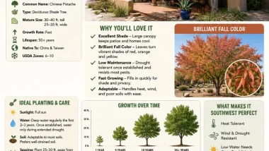 Chinese Pistache shade tree providing cooling shade to a Southwest home in New Mexico