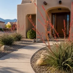 Desert landscaping ideas with red yucca at a Southwestern home