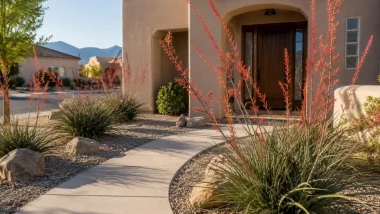 Desert landscaping ideas with red yucca at a Southwestern home