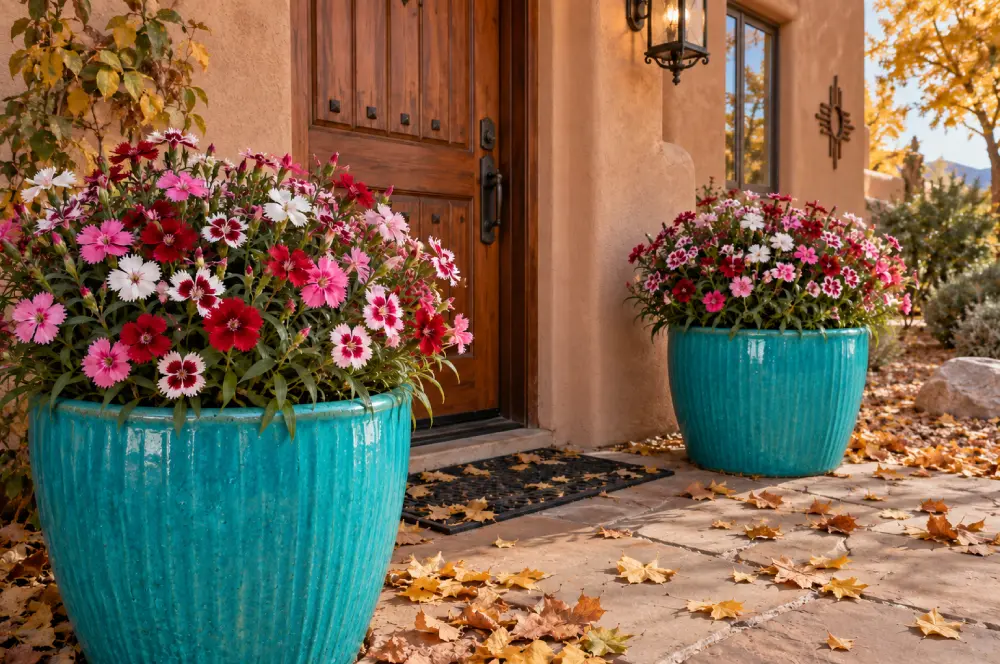 Dianthus plants in glazed pots Dianthus plants in glazed pots