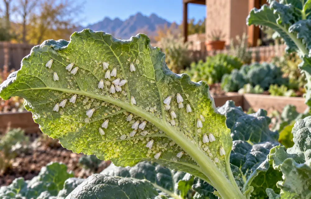 White Flies on kale vegetable garden Whiteflies feeding on the underside of a kale leaf in a winter vegetable garden in Las Cruces, New Mexico.