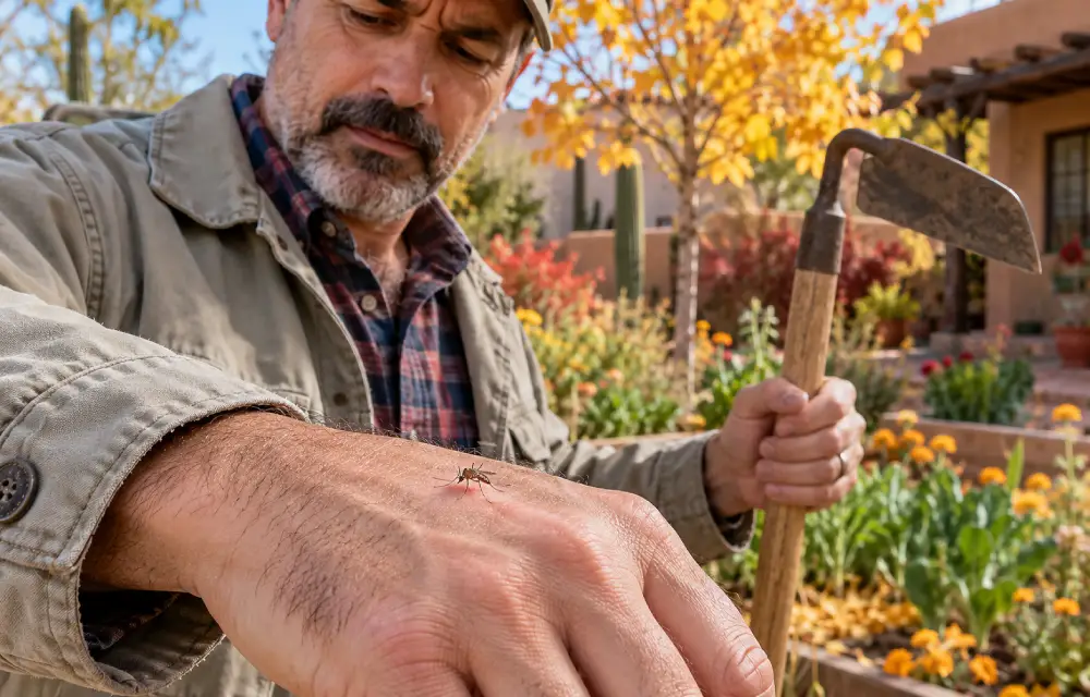 Mosquito biting man in fall Mosquito biting man in fall