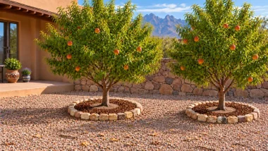 Two mature peach trees with compact mulched beds and decorative stone borders in a Las Cruces backyard.